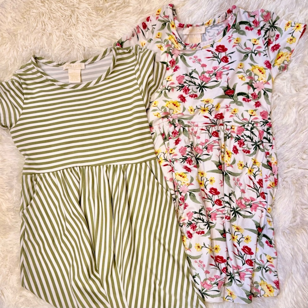 Kids' Olive Stripe & Floral Casual Dresses - Pack of 2